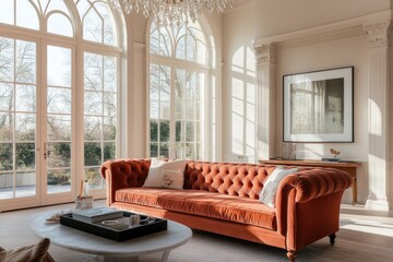 Fototapeta premium luxurious cherry-red velvet sofa sits in grand sunlit living room surrounded by elegant décor