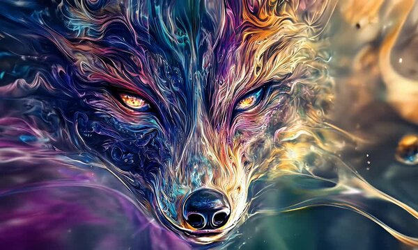 Vibrant Artistic Depiction of a Wolf's Face with Mesmerizing Colors and Swirling Patterns
