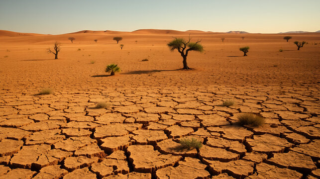 1. Desolate landscape with hard, dry, cracked soil; barren and parched earth stretching into the horizon, with sparse, struggling trees attempting to grow under the harsh, relentless sunlight that