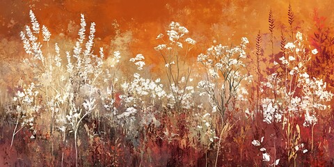 Autumnal field, warm-toned wildflowers against sunset