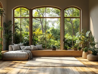 A modern, simple living room with large windows overlooking a lush garden, evoking calm and sustainability. Perfect for ads or articles on eco-friendly living and minimalist interior design.