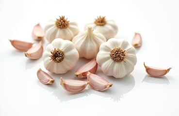 Garlic bulbs and cloves lie on a white surface. Fresh organic raw white garlic is used for cooking and eating. Healthy diet food ingredient. Close up studio shot. Good product demo backdrop.