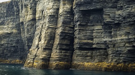 Flatrock's coast in Newfoundland, Canada, has rugged cliffs that slope down to the ocean. Lines in the cliffs show the different layers of rock that formed over time.