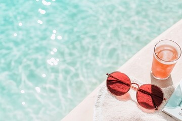 pair of stylish cherry-red sunglasses resting on sunlit beach towel with golden sand and turquoise waves in softly