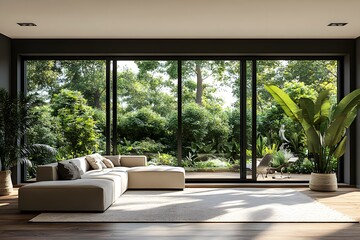 Fototapeta premium A modern, simple living room with large windows overlooking a lush garden, evoking calm and sustainability. Perfect for ads or articles on eco-friendly living and minimalist interior design.
