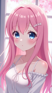 anime girl pink hair blue eyes pastel