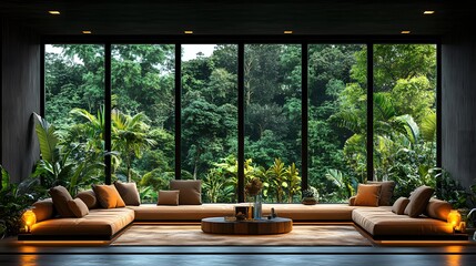 Fototapeta premium A modern, simple living room with large windows overlooking a lush garden, evoking calm and sustainability. Perfect for ads or articles on eco-friendly living and minimalist interior design.