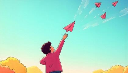 illustration of little boy launching paper airplanes into the sky