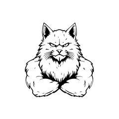 A bold vector logo of a muscular cat with pronounced fur and crossed arms, drawn in line art style. Perfect for fitness brands, gyms, or sports-related branding