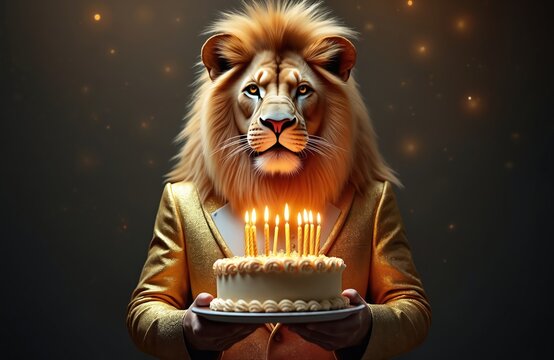 Lion wearing suit holds birthday cake with burning candles on dark background. Mammal celebrates birthday in style. Party animal wishes happy holiday. Symbol of power, strength and holiday spirit. - Powered by Adobe