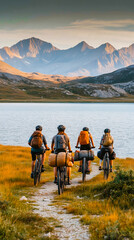 Cyclists enjoying mountain view during bikepacking trip near a lake