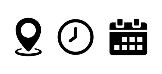 Date, Time, Address icon set. Event icons vector. Location, Calendar & clock icon transparent png