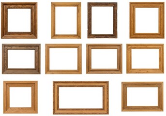 Wooden Picture Frames Collection on White - Variety of wood picture frames, different sizes and styles, classic design, home decor, gallery wall concept