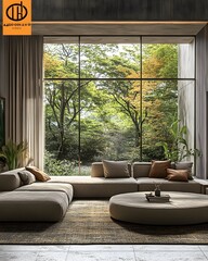 Fototapeta premium A modern, simple living room with large windows overlooking a lush garden, evoking calm and sustainability. Perfect for ads or articles on eco-friendly living and minimalist interior design.