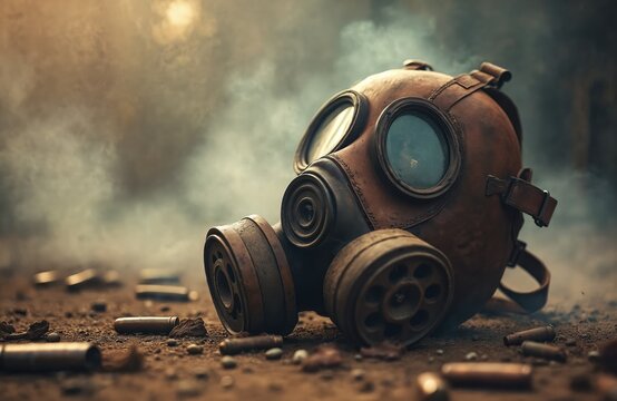 Grungy gas mask laying on ground. War aftermath concept. Environmental disaster symbol. Gloomy industrial pollution illustration. Protection during chemical attack. Rusty retro respirator lying near