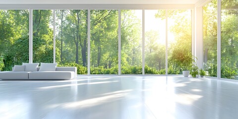 Fototapeta premium A modern, simple living room with large windows overlooking a lush garden, evoking calm and sustainability. Perfect for ads or articles on eco-friendly living and minimalist interior design.
