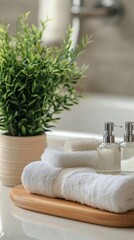 Serene Bathroom Still Life with White Towels, Green Plant, and Soap Dispenser on Wooden Tray - A Modern Touch of Freshness and Hygiene for Your Home Spa