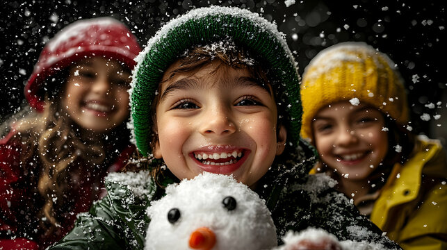 Joyful Children Laughing While Playing With A Snowman Outdoors