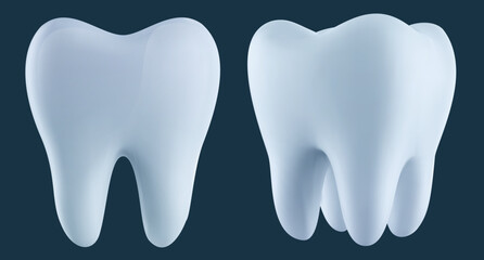 White tooth in realistic glossy style different view. Bright medical design element. 3d vector minimal dental healthcare illustration.