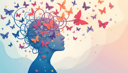 Silhouette of a woman with colorful butterflies in her mind