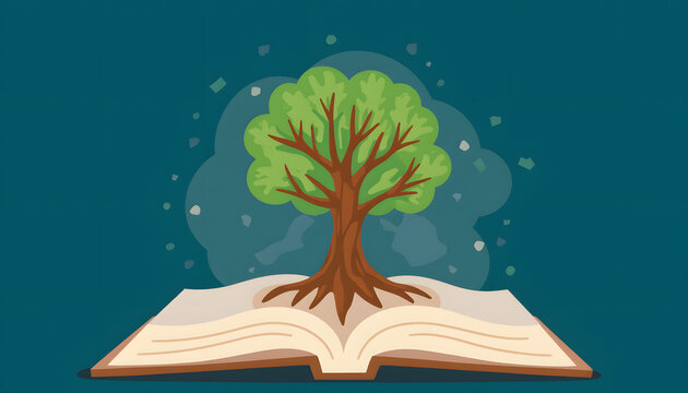 Tree growing from open book on teal background