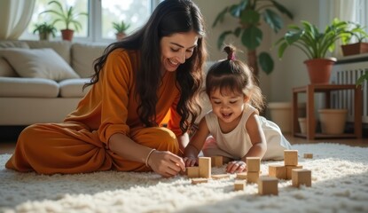 happy indian family moment with toy building blocks