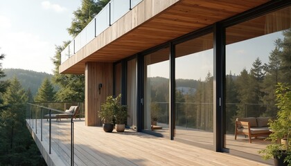 Modern minimalist balcony featuring large sliding glass doors, wooden floor, glass railing. Exterior view overlooks scenic forest. Architecture embodies contemporary design, outdoor living. Home