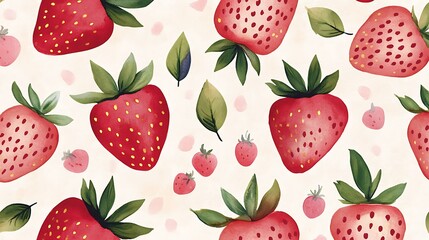 Strawberry pattern with floating leaves on a speckled backdrop; for backgrounds and product design