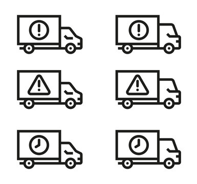 Delivery truck with warning or caution sign. Delivery is delayed icon. Concept of delivery issues, logistics problems, or transportation risks. Vector set with editable stroks