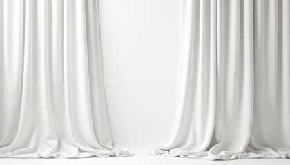 Front view of white textile curtains isolated. Elegant fabric drapes in studio shot. Luxury interior design element with soft folds, modern window decor, home and stage background.
