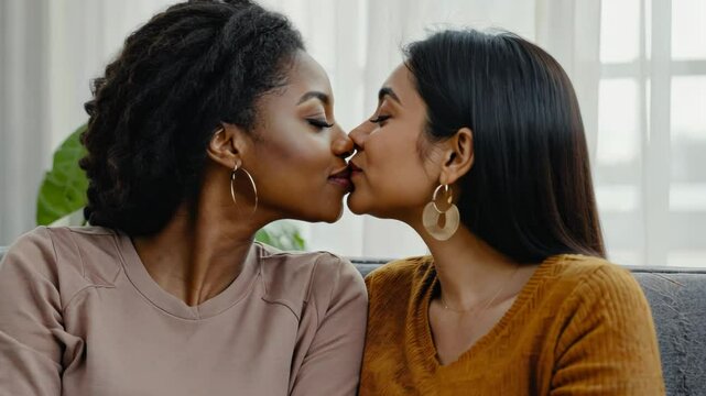 Close-up video of a loving lesbian couple on the sofa, sharing a tender moment at home. They gaze at each other with love, then kiss softly. Embracing. Dating. Cozy. slow motion. 4k.
