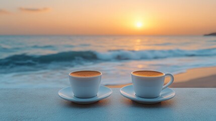 Two cups of coffee on a beach at sunset
