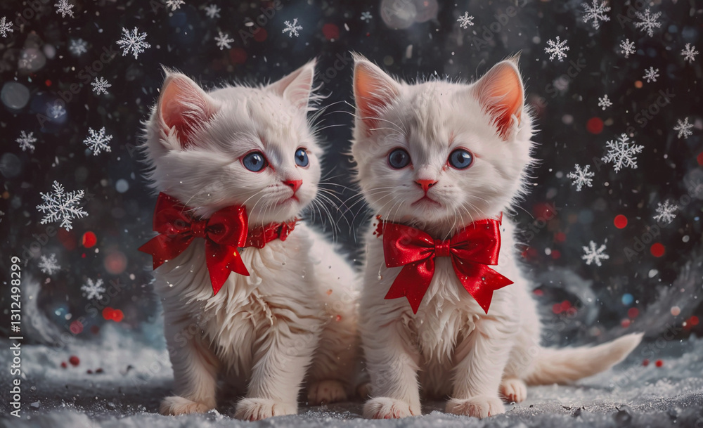 Poster two white kittens wearing red bows are sitting on a snowy surface. the image has a festive and playf