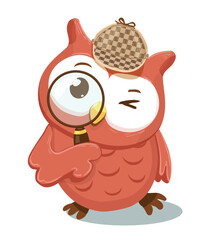 cartoon owl with a magnifying glass, a detective theme whimsical illustration