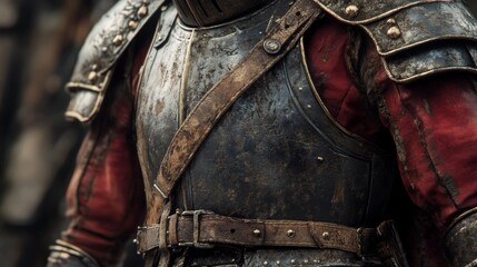 Fototapeta premium A medieval warrior in metal armor with a brown belt
