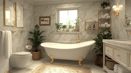 A luxurious bathroom featuring a clawfoot tub and marble walls