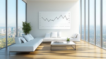 Modern living room with panoramic city view featuring sleek furniture and a minimalist design
