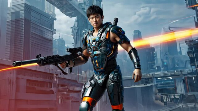 Main character of a AAA cyberpunk shooter game. Video game cover type video. Slow Motion. laser, tech, stream, cover, videogame, three-dimensional, movie, armor, spy, futuristic, guns, gun, battlefiel