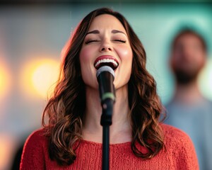Easter Holiday, Easter Concept, Woman with Long Brown Hair Singing into Microphone at Concert
