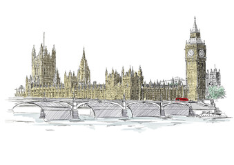 london big ben HAND DRAWING SKETCH PANORAMA POSTER 