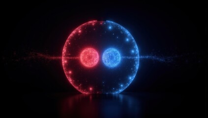 Fototapeta premium Two luminous balls, blue and red, symmetrically placed on a black background, symbolize 2 teams