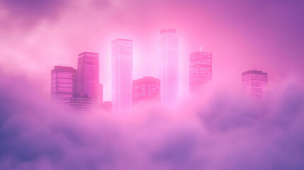 Fototapeta premium Pink And Purple City Skyline Emerging From Clouds At Night