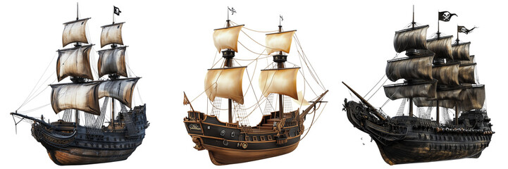 Fototapeta premium Set of a realistic pirate ship isolated on transparent background