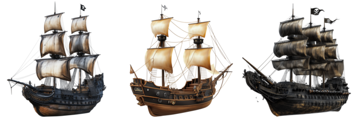 Set of a realistic pirate ship isolated on transparent background