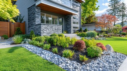 Fototapeta premium Beautifully landscaped modern home with stone facade and vibrant garden in the afternoon sun