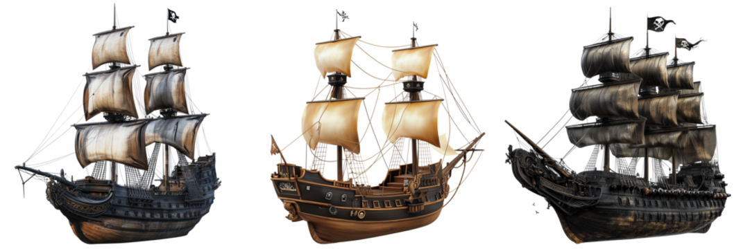 Set of a realistic pirate ship isolated on transparent background