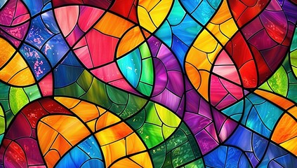 Obraz premium Rainbow stained glass pattern with geometric shapes, vibrant colors, and high saturation