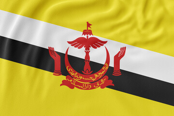 A waving 3D illustration of the national flags of brunei with vibrant red, yellow, and white colors, symbolizing patriotism and national identity in Europe
