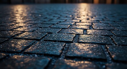 Obraz premium Walking on Wet Cobblestone Street Reflecting Light Creates a Moody Atmosphere