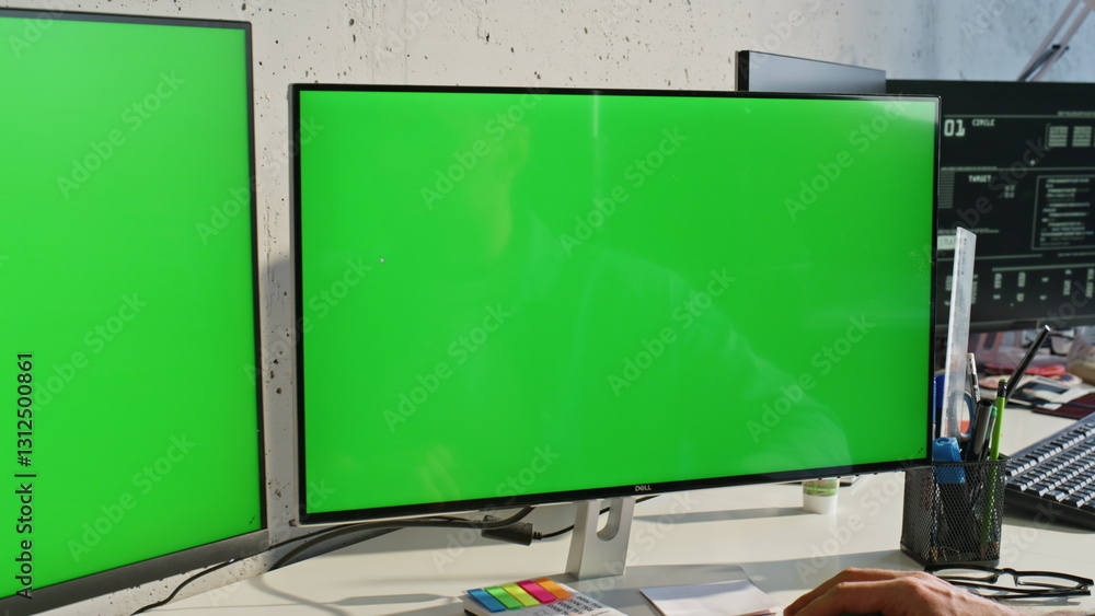 Poster two mockup monitors placed at light office table zoom out. man working computer